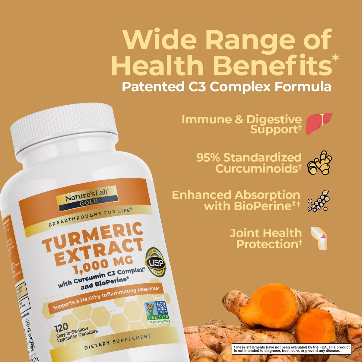 Nature's Lab Gold Turmeric Extract with Curcumin C3 Complex and BioPerine - 120 Capsules