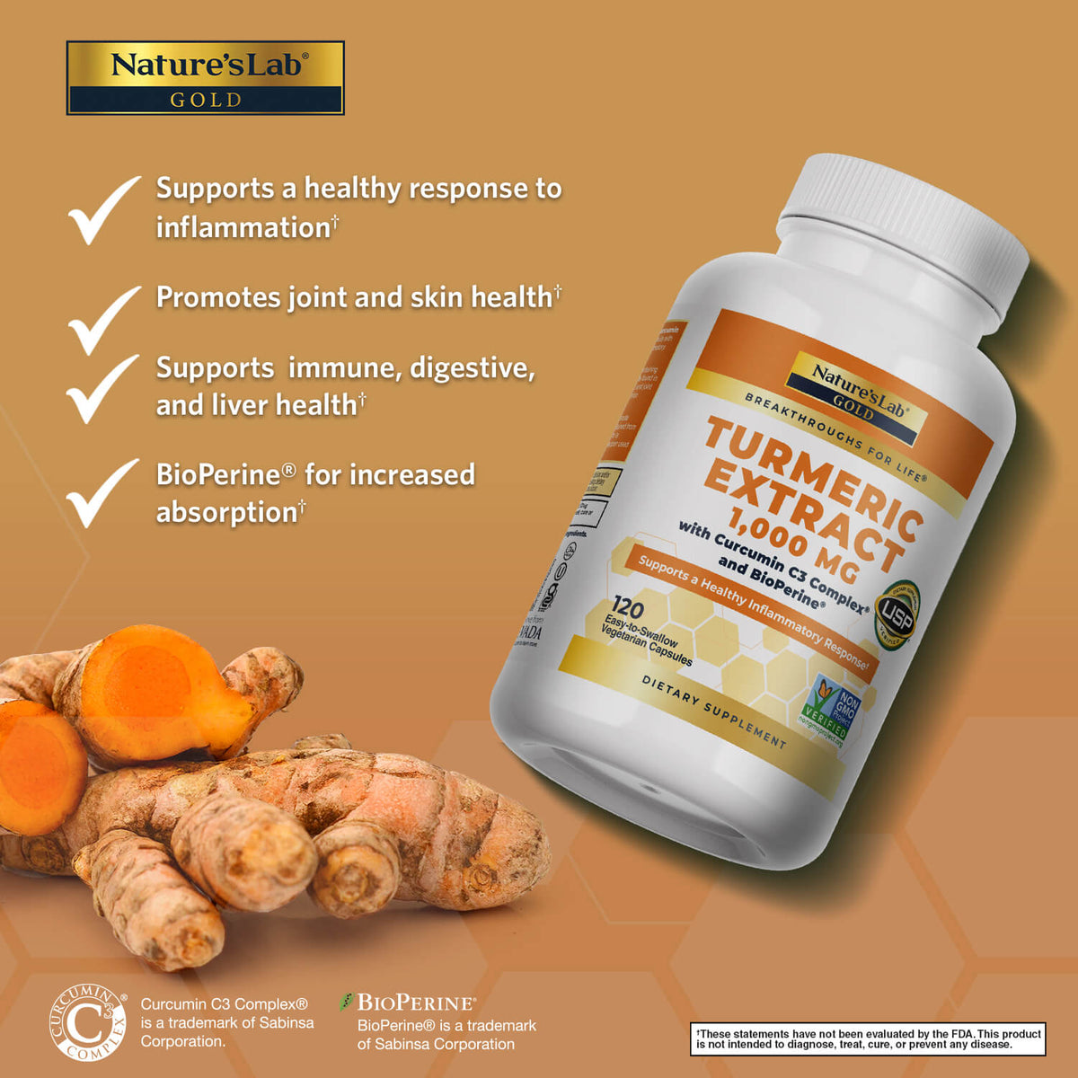 Nature's Lab Gold Turmeric Extract with Curcumin C3 Complex and BioPerine - 120 Capsules