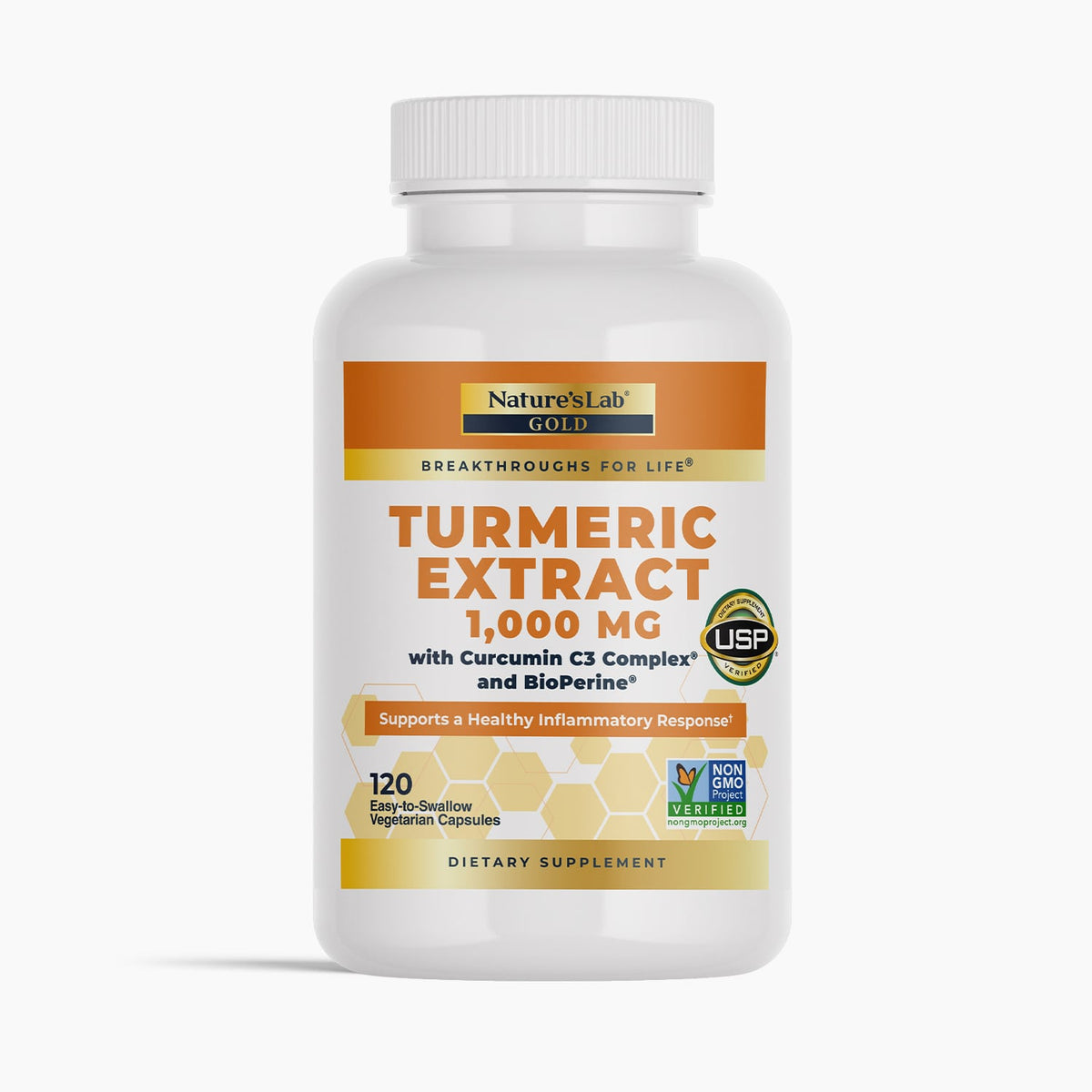 Nature's Lab Gold Turmeric Extract with Curcumin C3 Complex and BioPerine - 120 Capsules