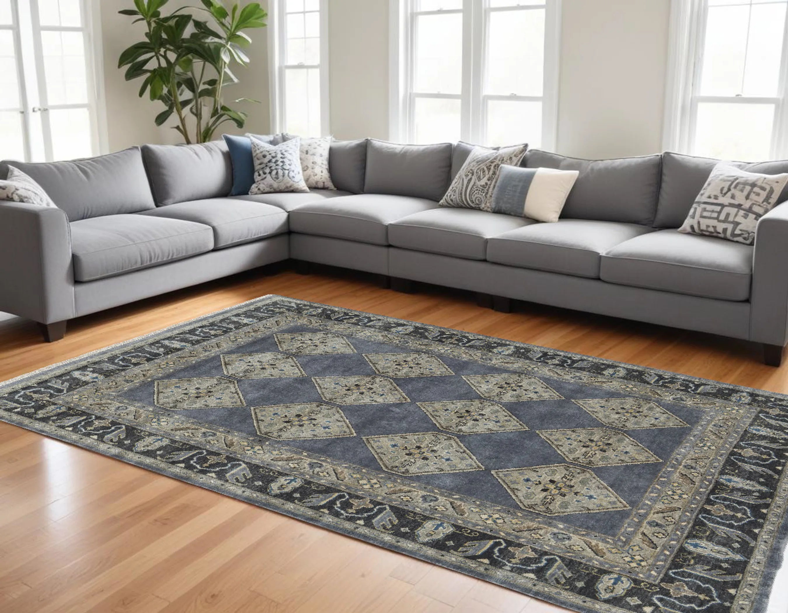 9' X 12' Blue and Gray Wool Floral Hand Knotted Area Rug