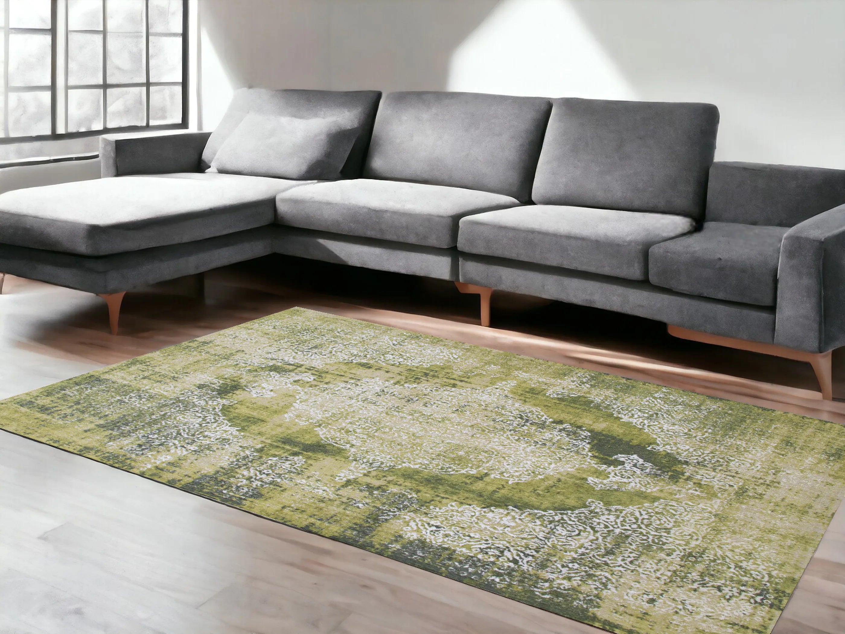 8' X 11' Green and White Oriental Non Skid Area Rug