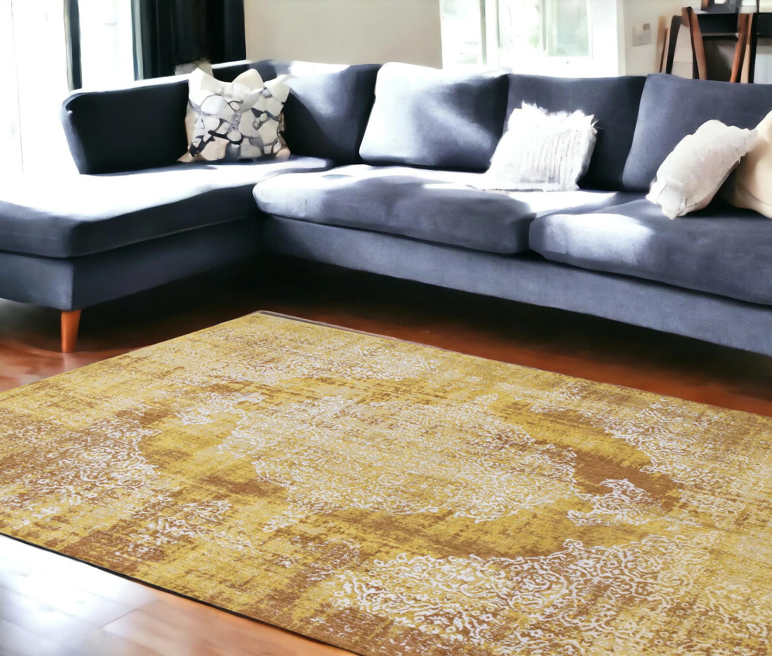 8' X 11' Yellow and Brown Oriental Non Skid Area Rug