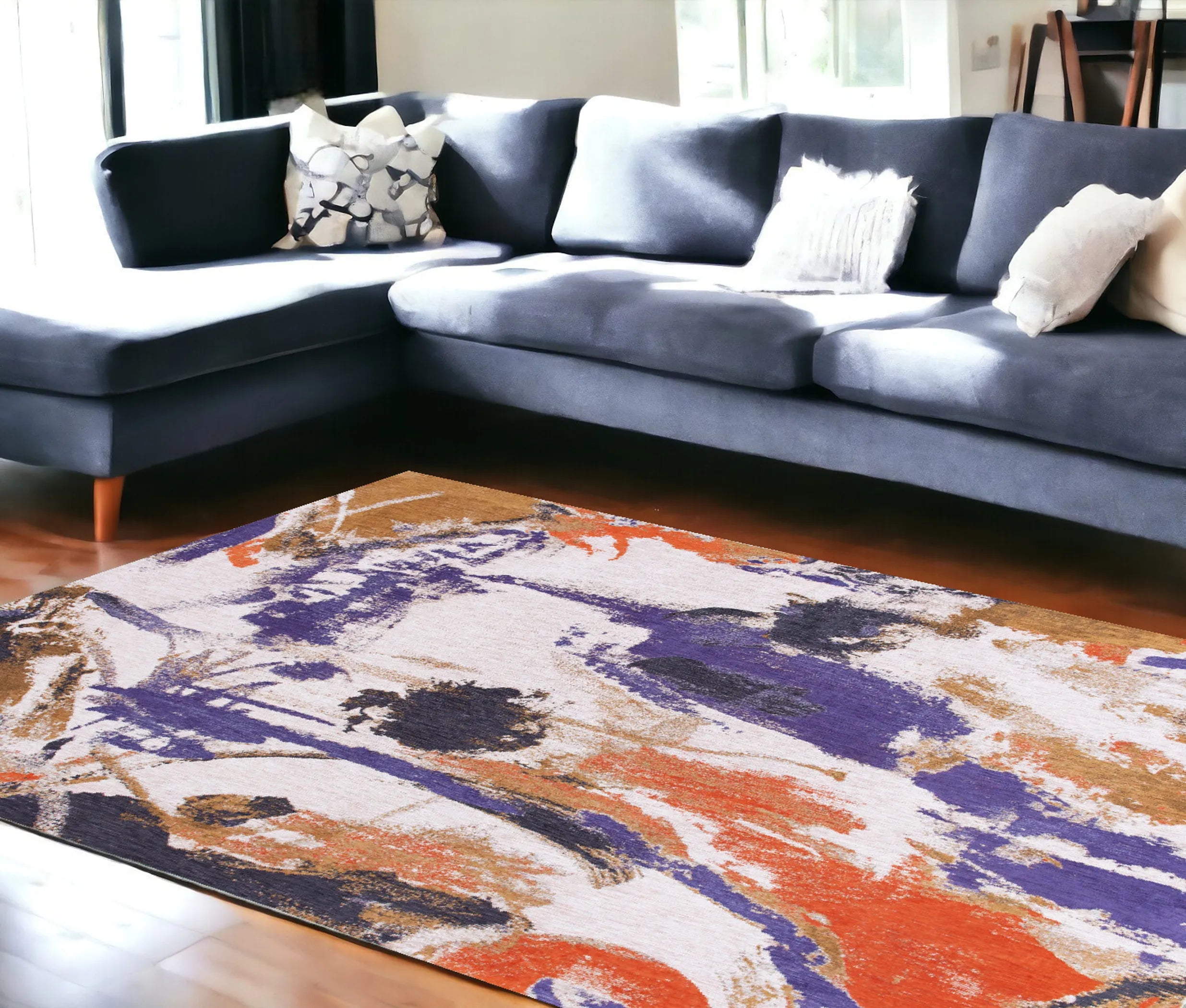 8' X 11' Purple and White Abstract Non Skid Area Rug