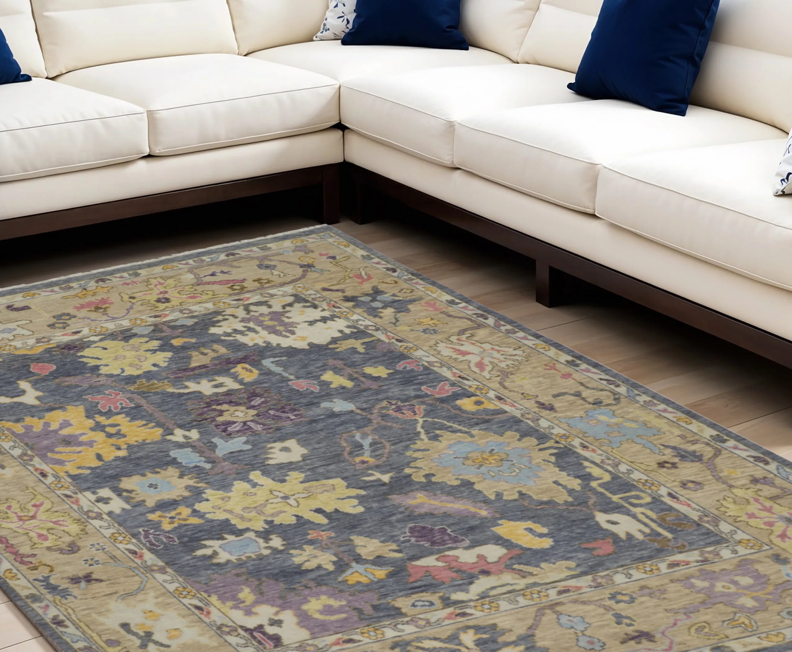 8' X 10' Gold Blue and Purple Wool Oriental Hand Knotted Area Rug With Fringe