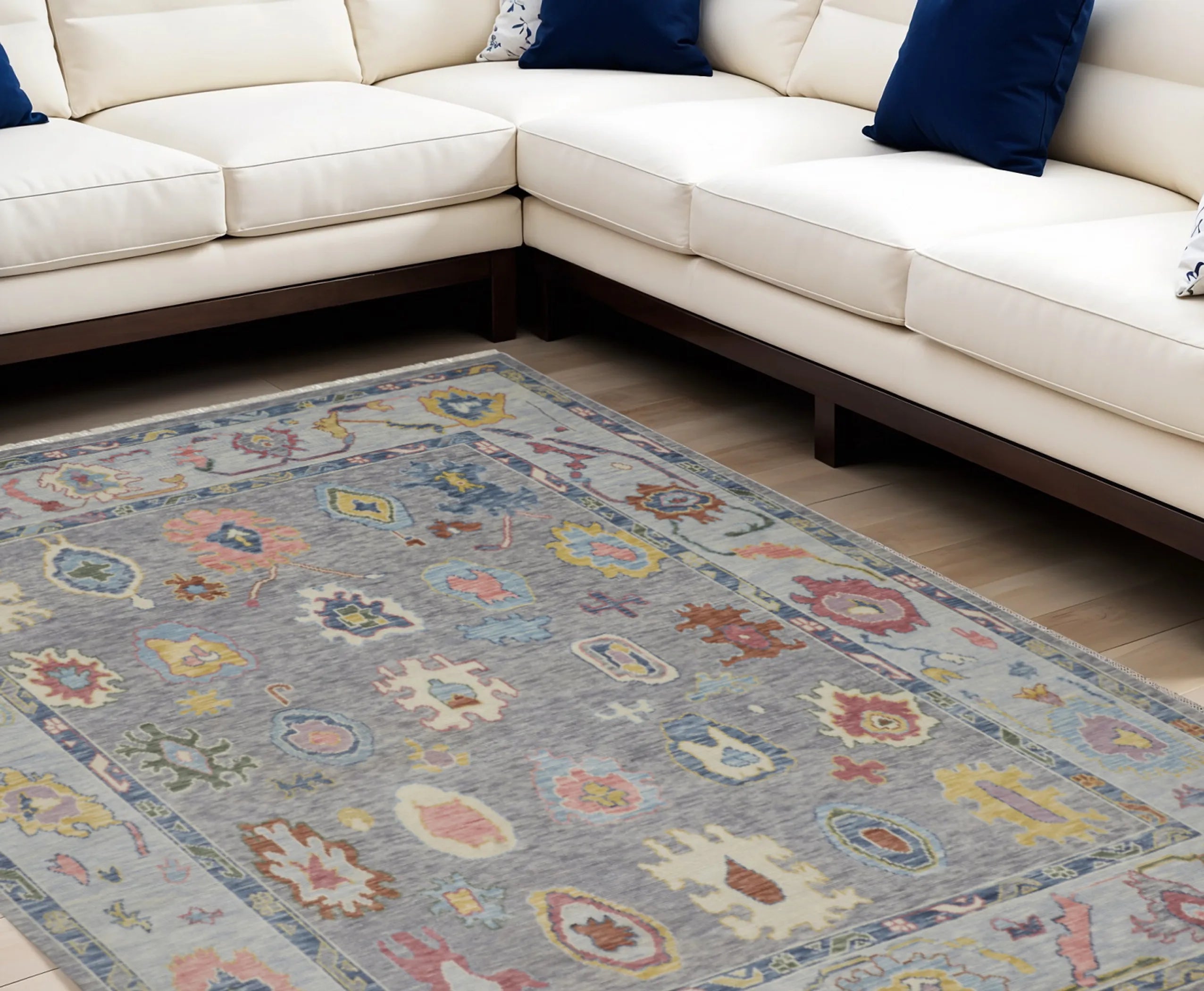 8' X 10' Gray Blue and Red Wool Oriental Hand Knotted Area Rug With Fringe