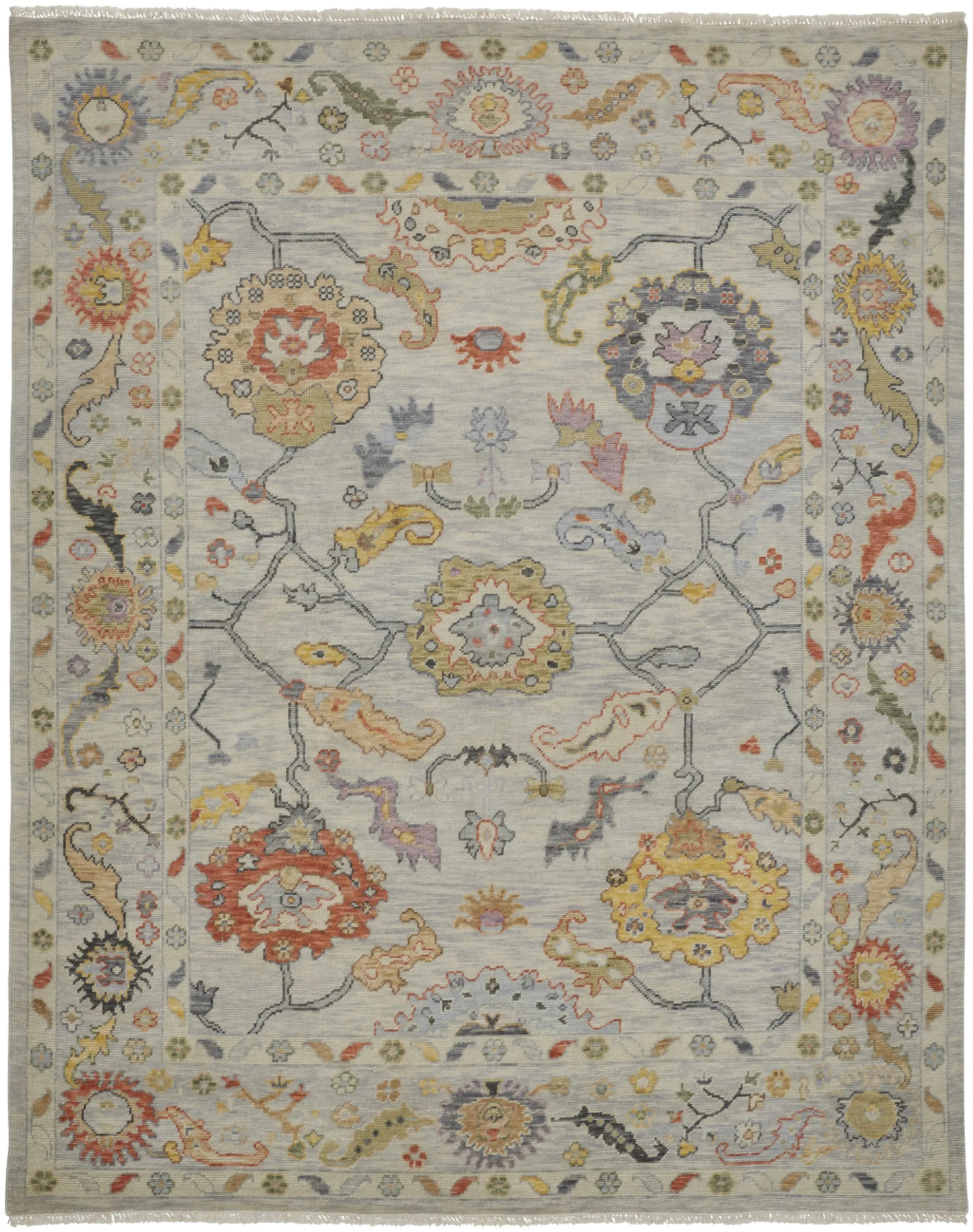 8' X 10' Gray Red and Yellow Wool Oriental Hand Knotted Area Rug With Fringe