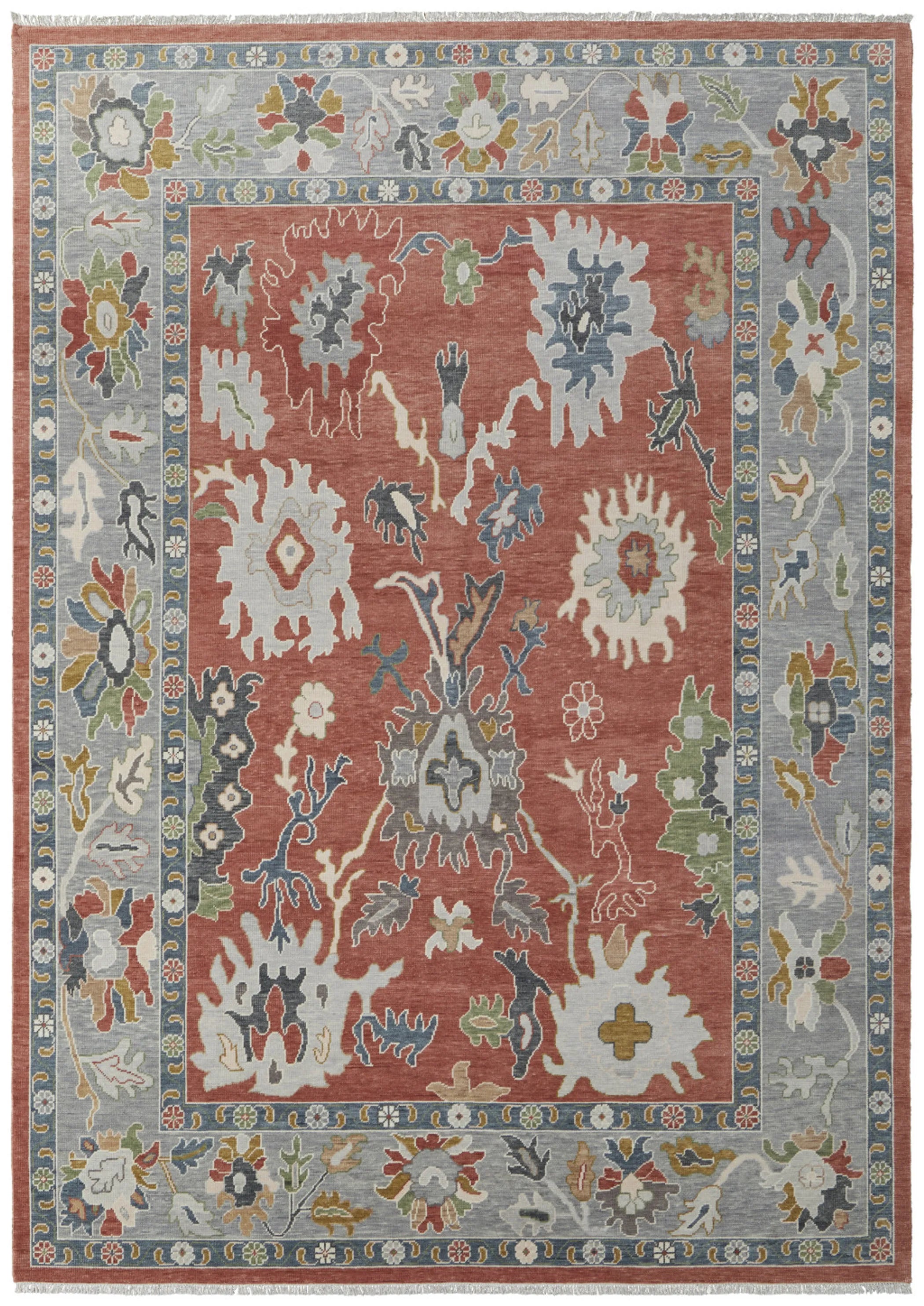 8' X 10' Gray Red and Ivory Wool Floral Hand Knotted Area Rug With Fringe