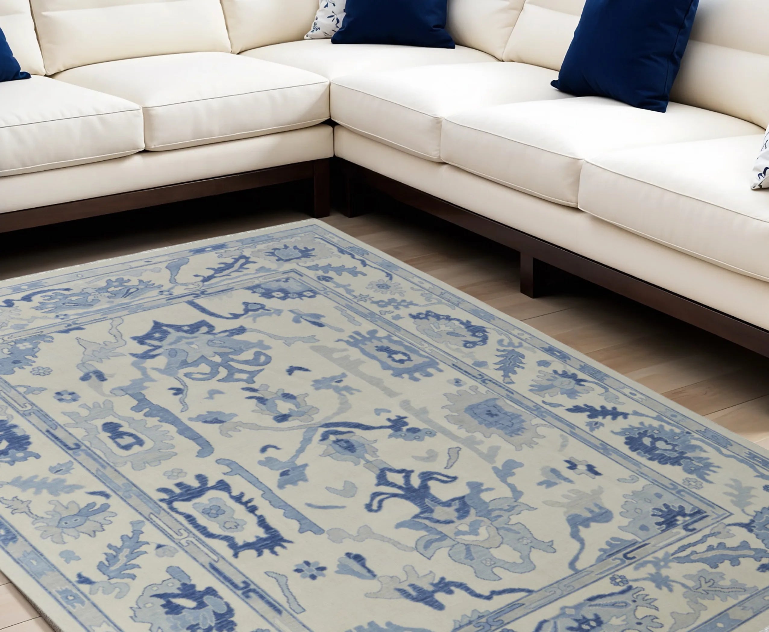 8' X 10' Ivory and Blue Wool Floral Hand Knotted Area Rug With Fringe