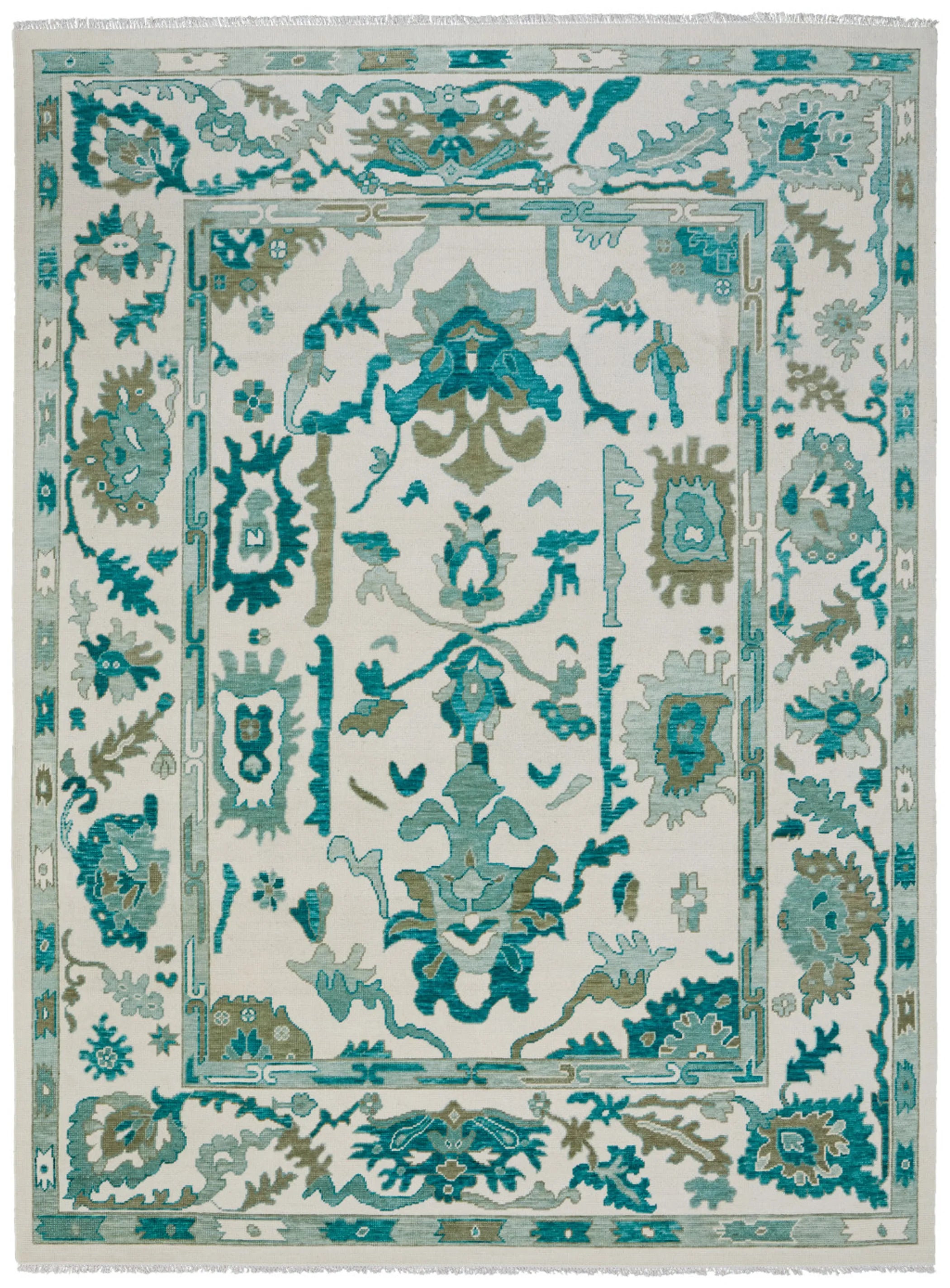 8' X 10' Green and Ivory Wool Floral Hand Knotted Area Rug With Fringe