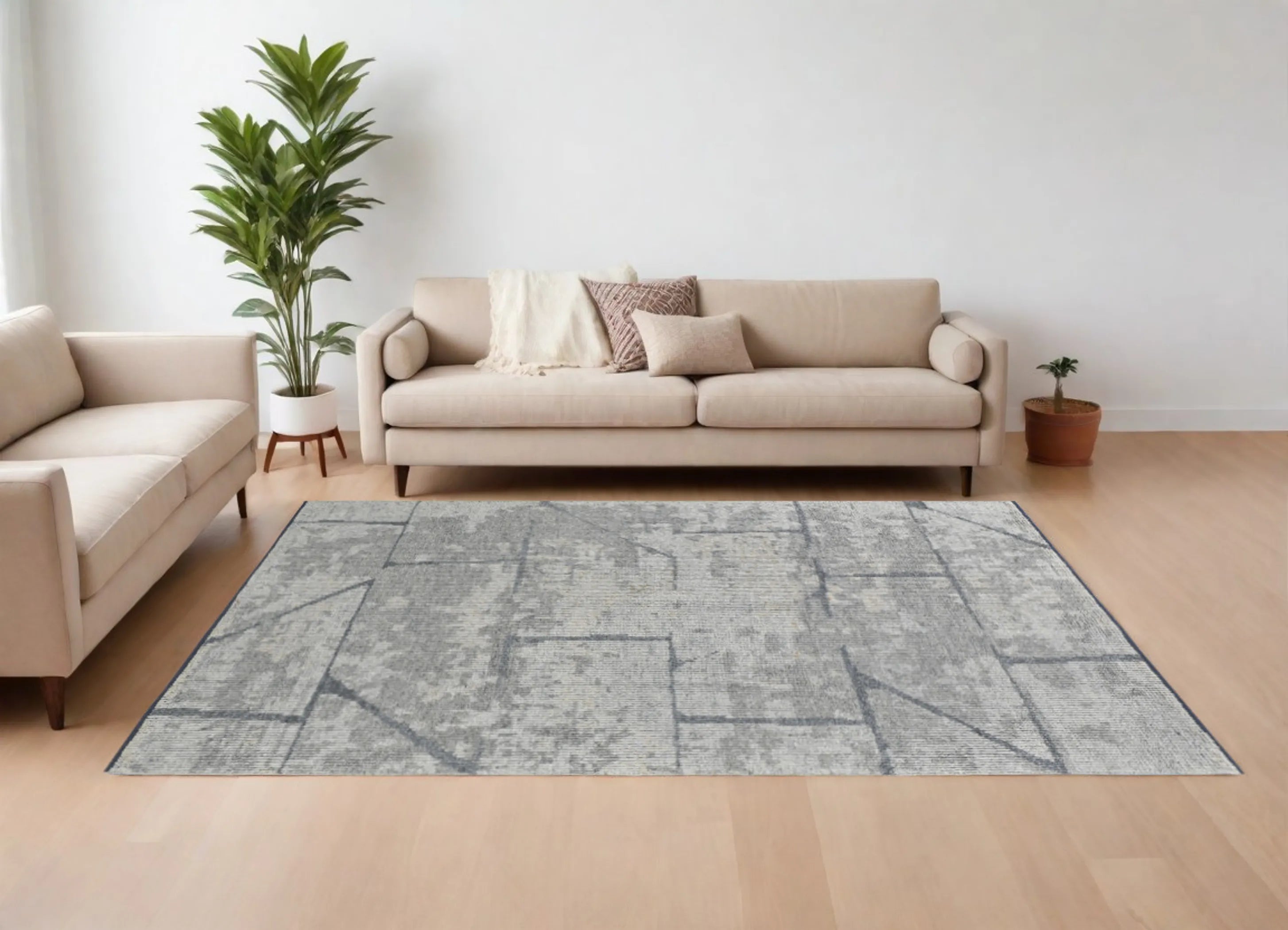 9' X 13' Gray and Silver Wool Abstract Hand Knotted Worn Faded Area Rug