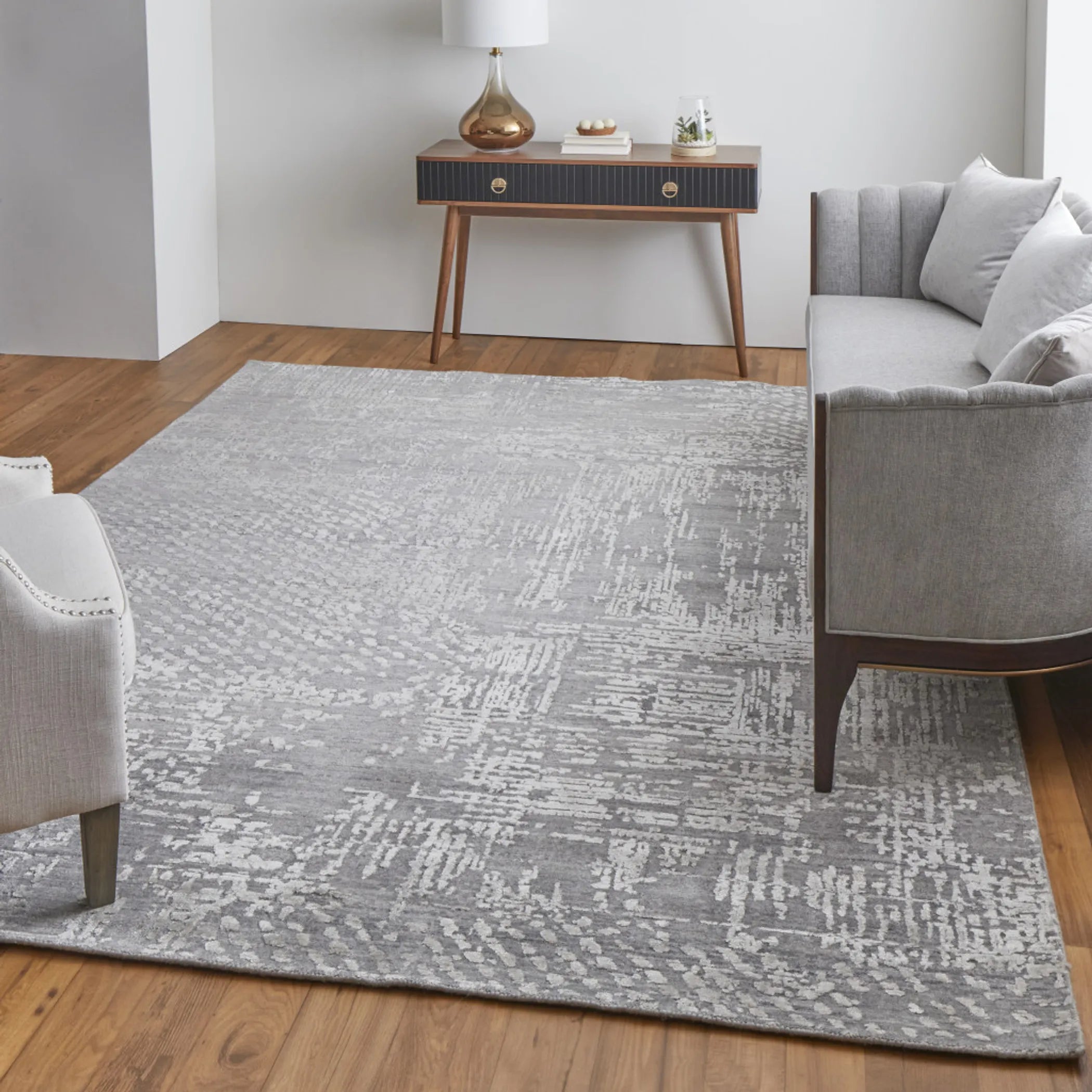 8' X 10' Gray and Silver Abstract Hand Woven Worn Faded Area Rug