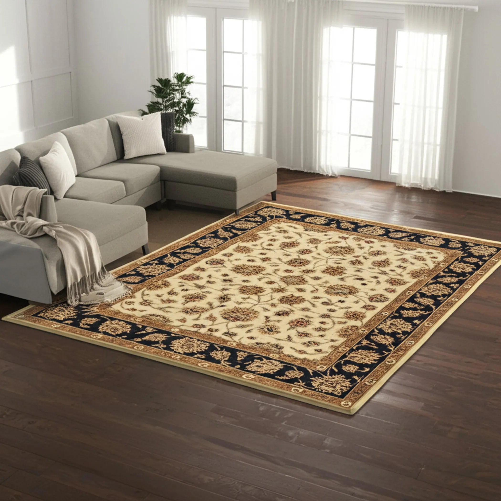 8' X 10' Tan Brown And Black Oriental Hand Tufted Area Rug