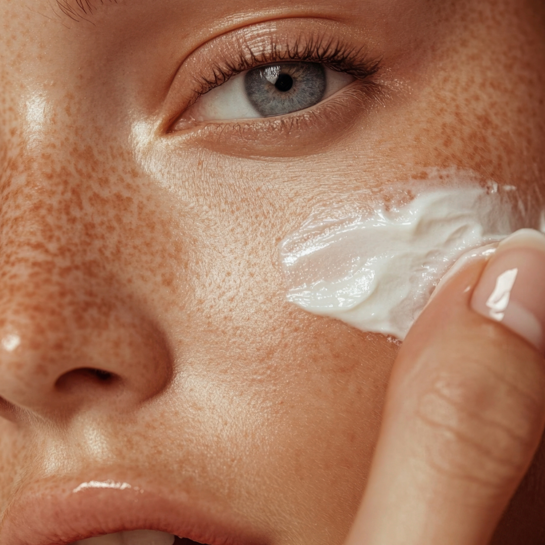 Close-up of a person applying cream to their face with a blurred background